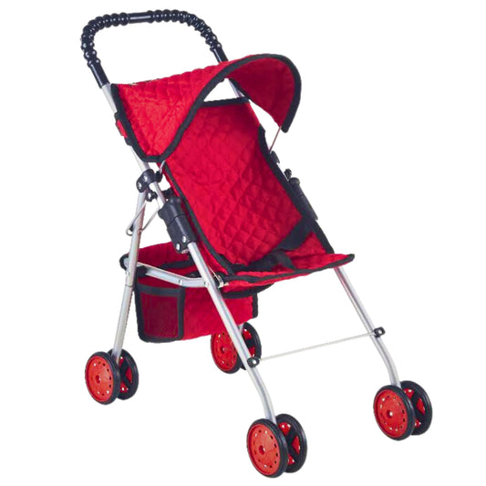 The New York Doll Collection stroller front view in red quilted fabric for imaginative play.