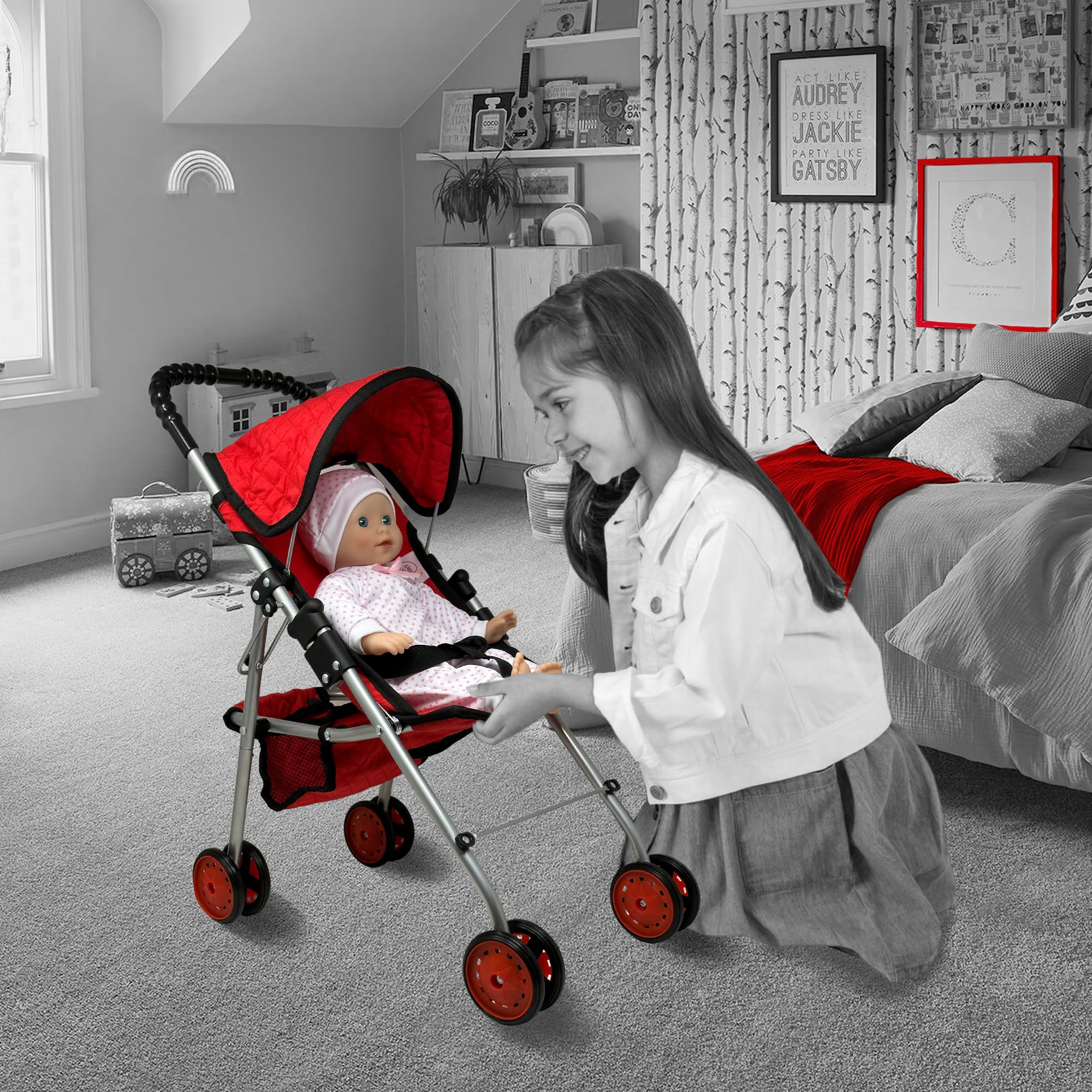 The New York Doll Collection foldable stroller demonstrates umbrella-fold design for easy storage.