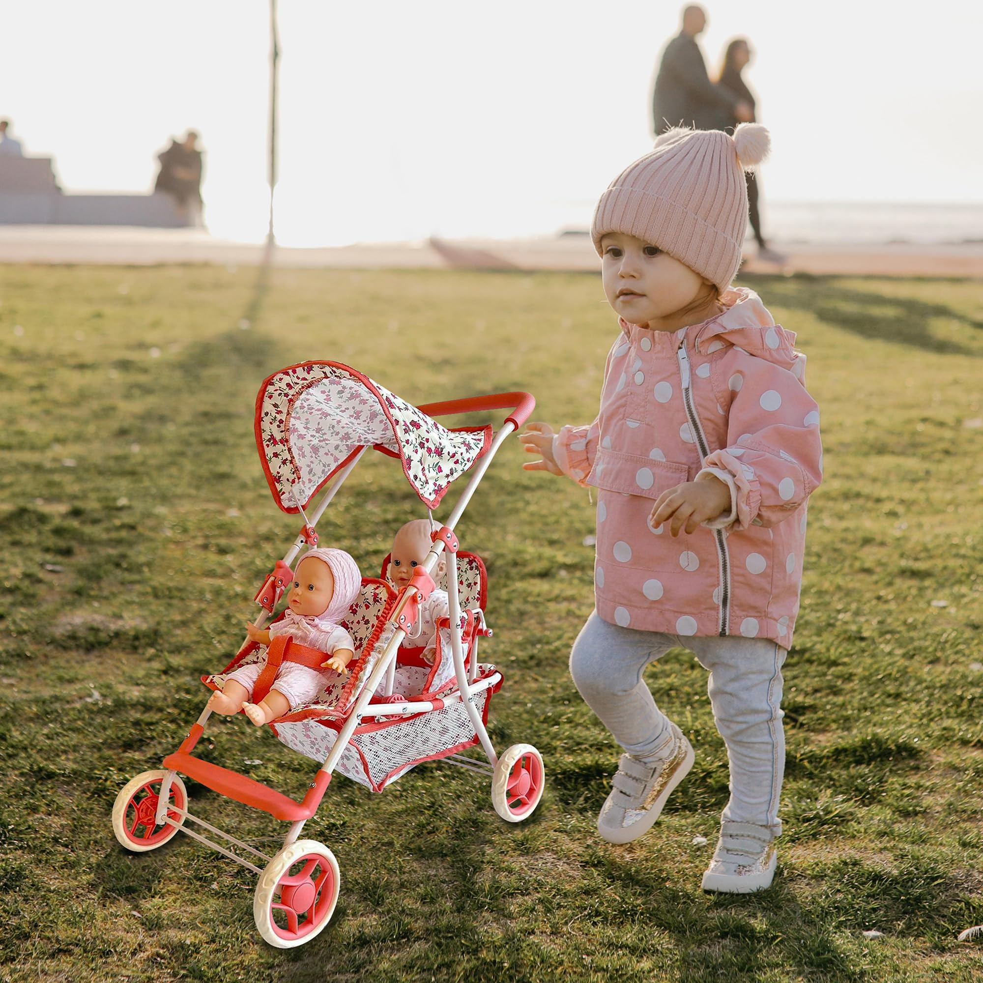 The New York Doll Collection retractable sun shield canopy shields dolls from sun during outdoor adventures.