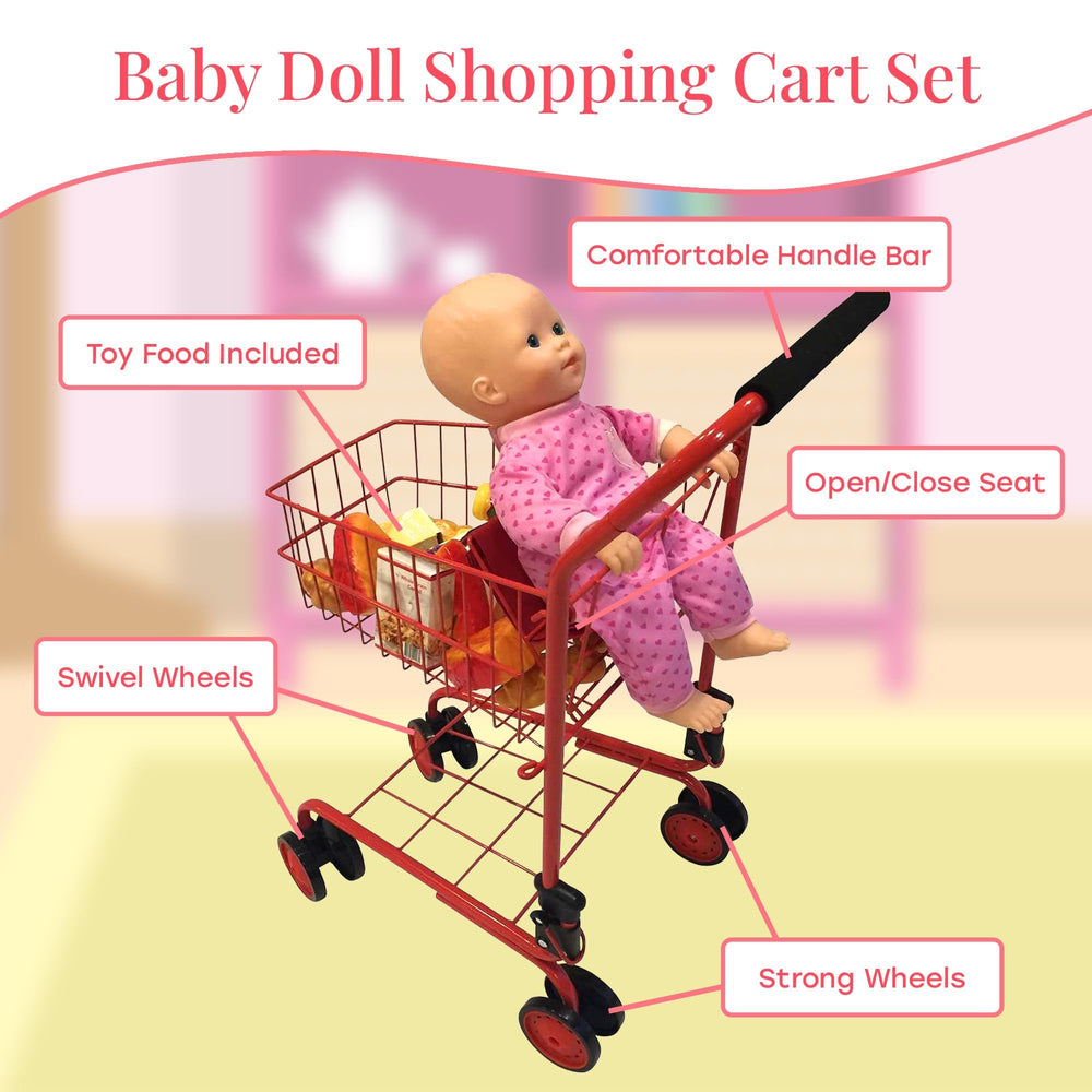 The New York Doll Collection red side view highlights ample storage for pretend groceries