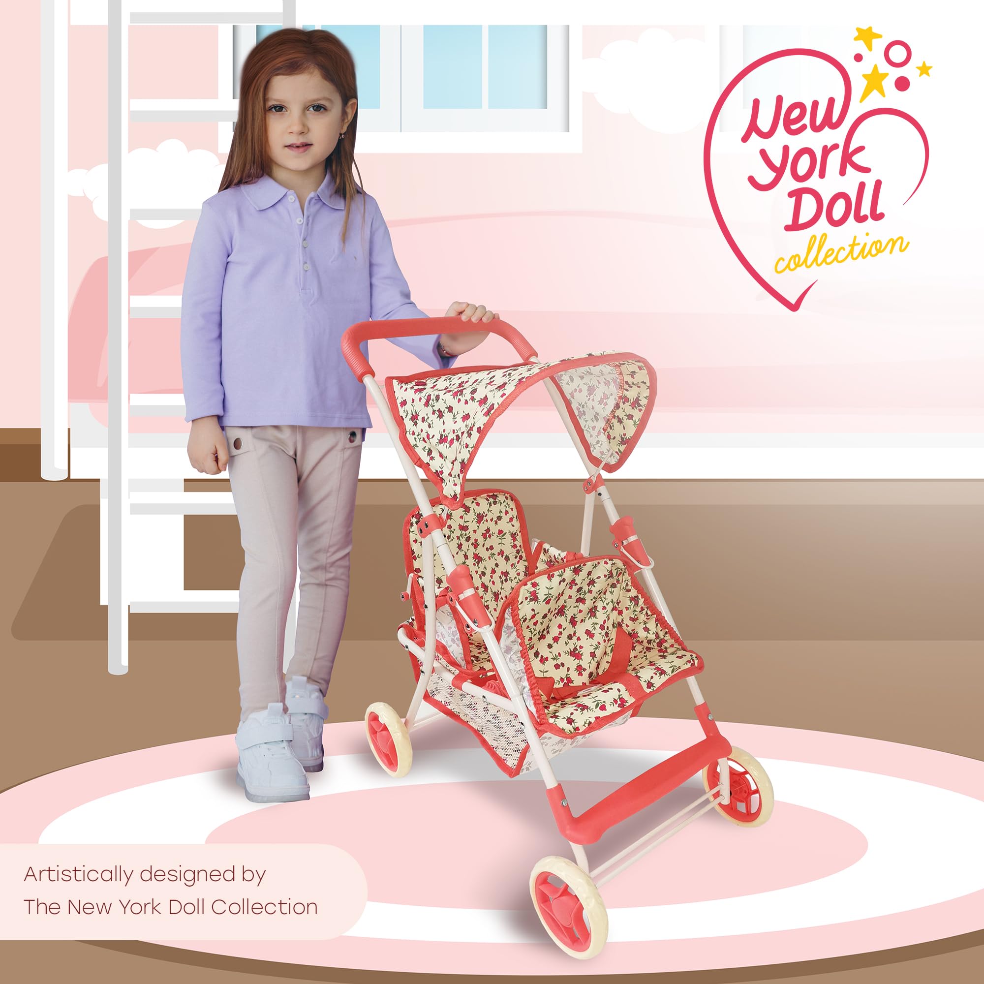 The New York Doll Collection tandem seats showcase two dolls for shared pretend outings.