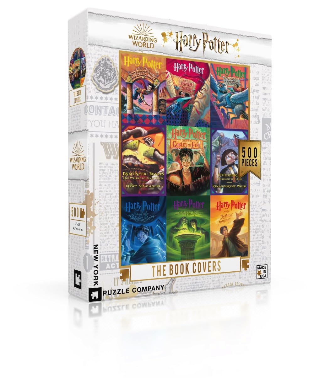 New York Puzzle Company Harry Potter book cover collage 500-piece puzzle for fans and families.