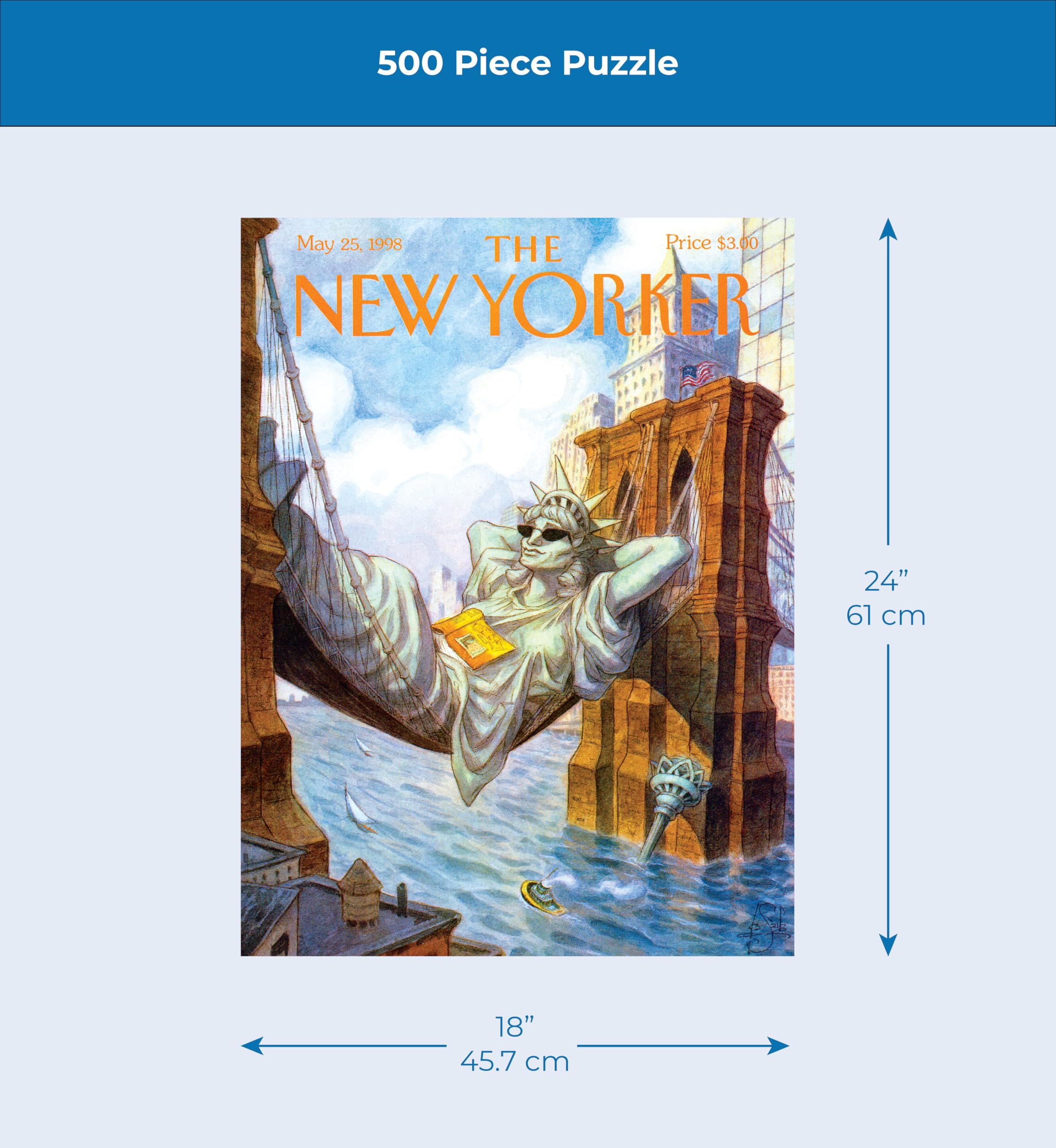 New York Puzzle Company New Yorker Liberty artwork close-up highlights iconic covers.