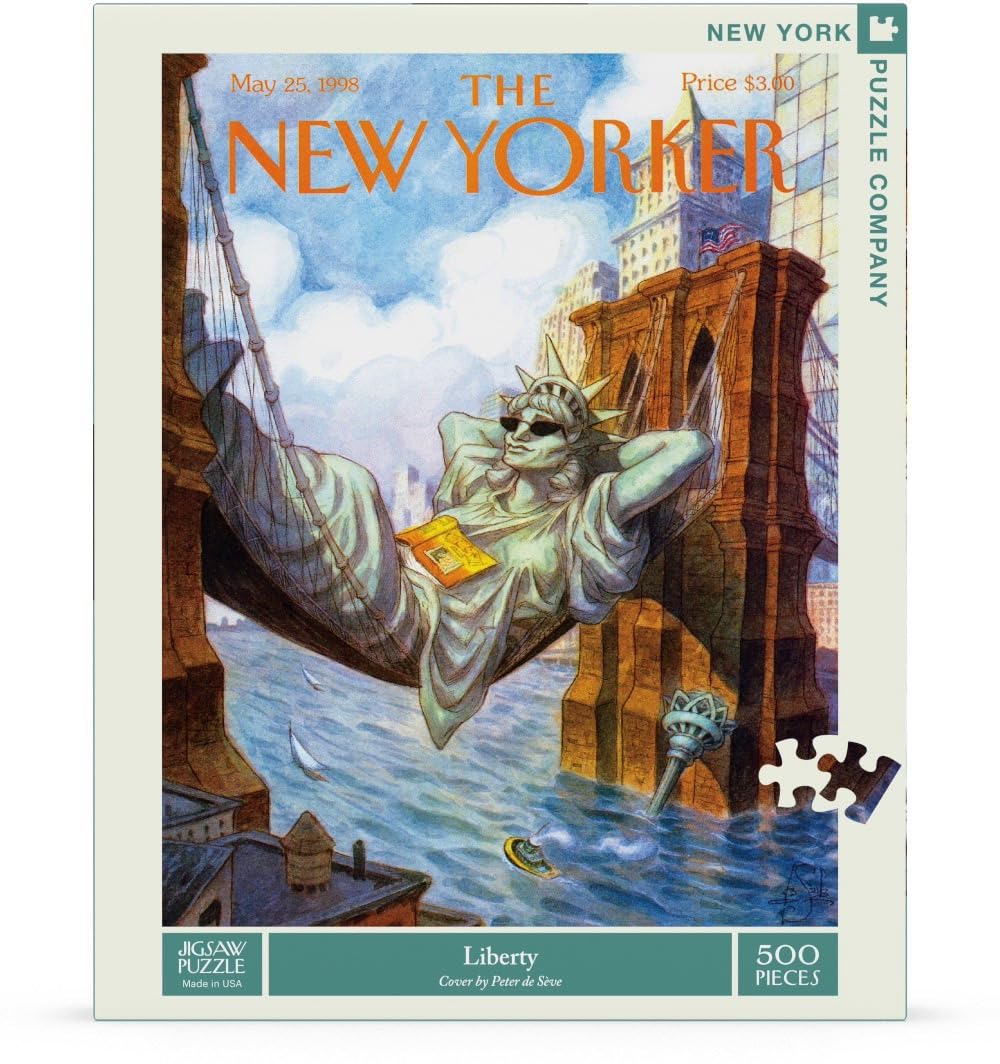 New York Puzzle Company New Yorker Liberty pieces close-up showing random-cut challenge for adults.