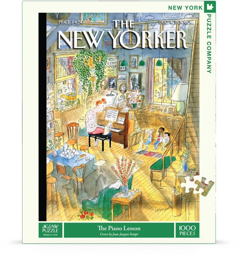 New York Puzzle Company The Piano Lesson in-progress puzzle features Sempé artwork for family teamwork