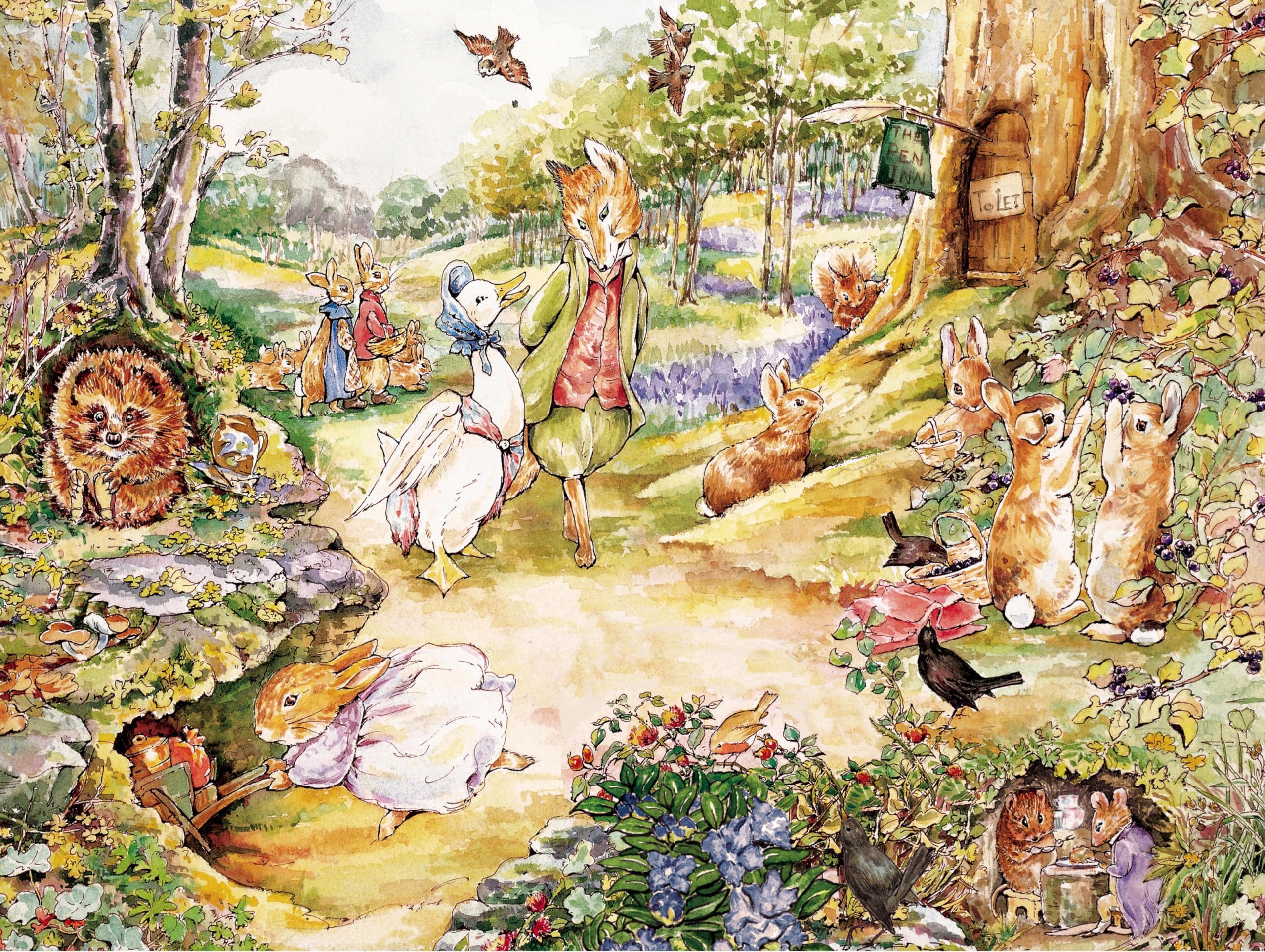 New York Puzzle Company Jemima Puddle-Duck in the woods pose for a cozy puzzling session