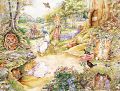 New York Puzzle Company Jemima Puddle-Duck in the woods pose for a cozy puzzling session