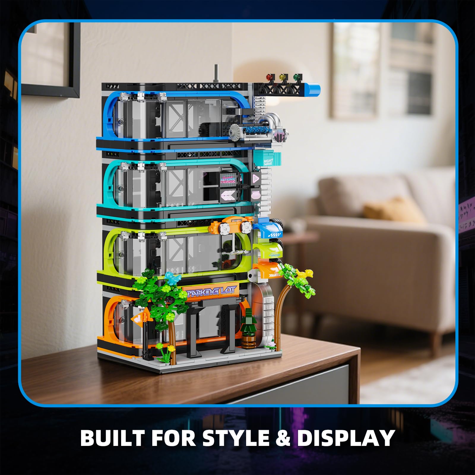 NEWABWN City Parking Tower compatibility diagram confirms fit with 6-stud and 1:64 models