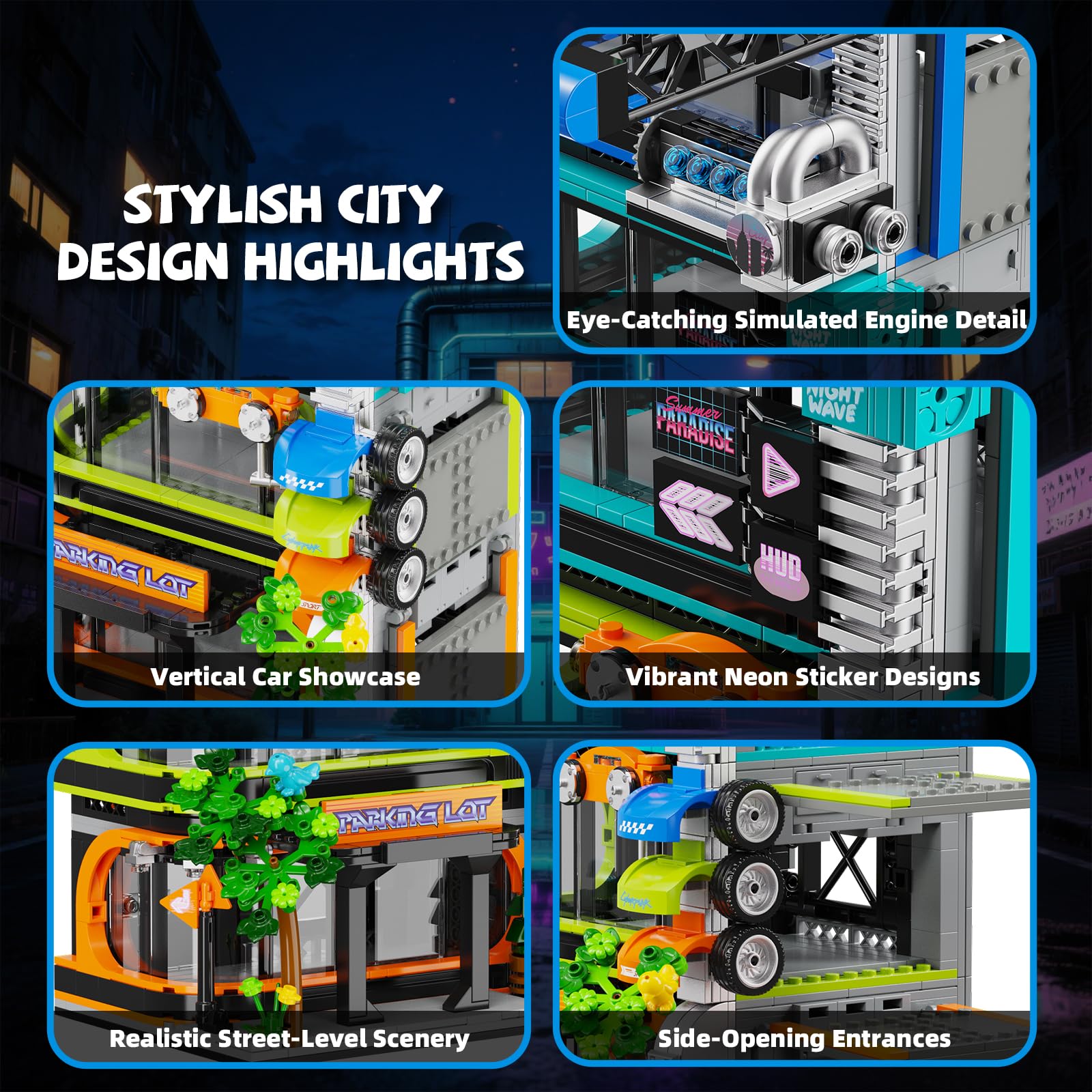 NEWABWN City Parking Tower multi-level display presents an organized vehicle gallery