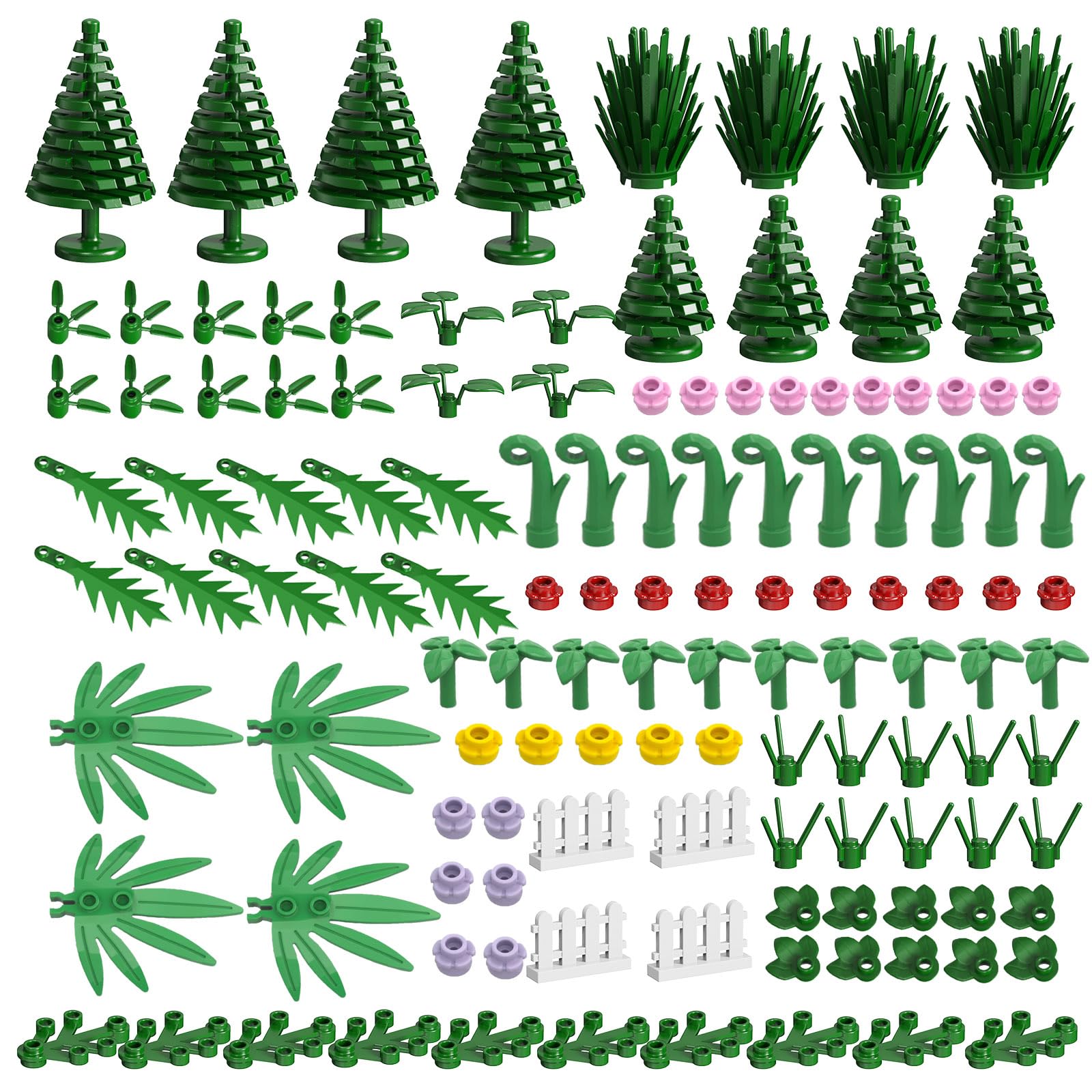 Newbeoding 144-pcs plants and trees set with palm leaves for imaginative garden scenes.