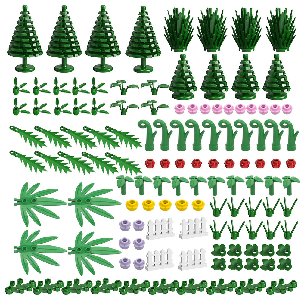 Newbeoding 144-pcs plants and trees set with palm leaves for imaginative garden scenes.