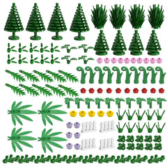Newbeoding 144-pcs plants and trees set with palm leaves for imaginative garden scenes.