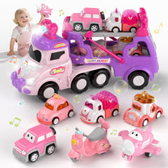 newcrave 7-in-1 carrier truck toy pink sparks imaginative play for toddlers