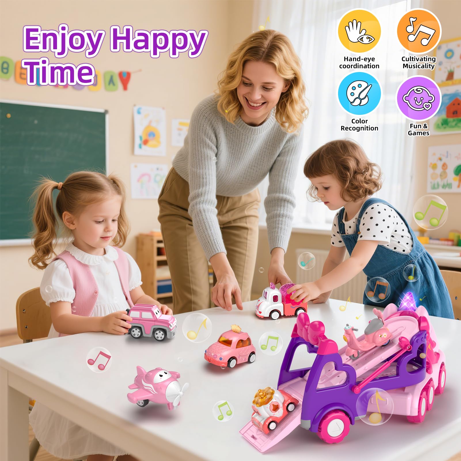 Newcrave 7-in-1 truck set rear loading-baffle shows easy unloading of mini cars.