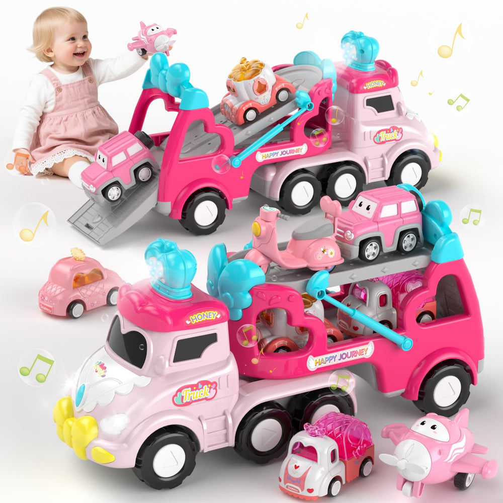 Newcrave pink truck front view with crown, ideal for imaginative play