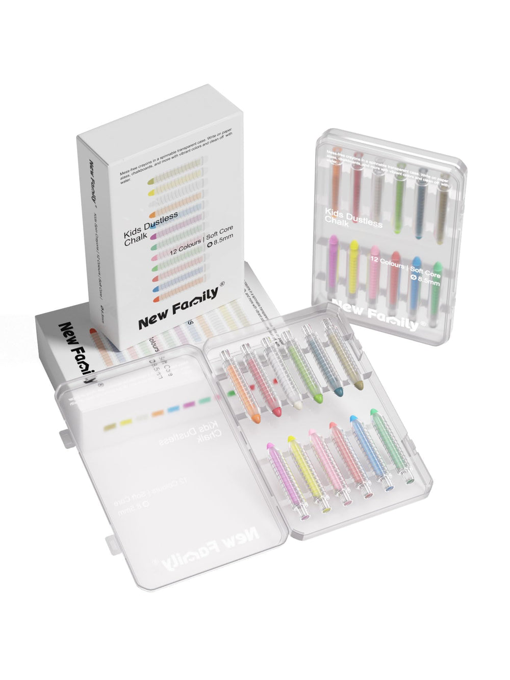 NewFamily Dustless Chalk 2-Pack box displaying two color sets for family sharing