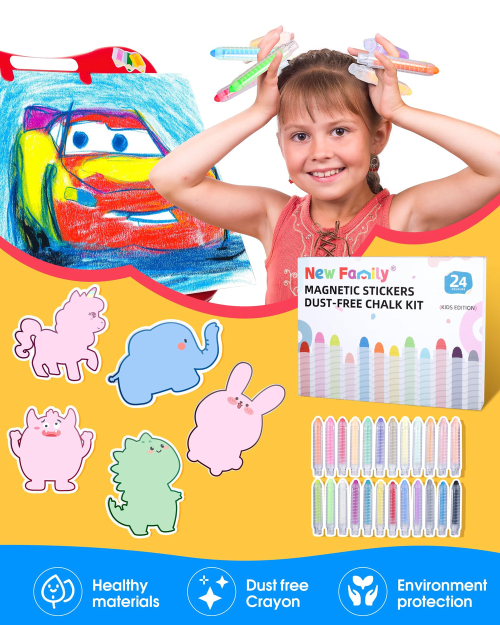 NewFamily magnetic drawing board with cute animal magnets for storytelling and doodling.