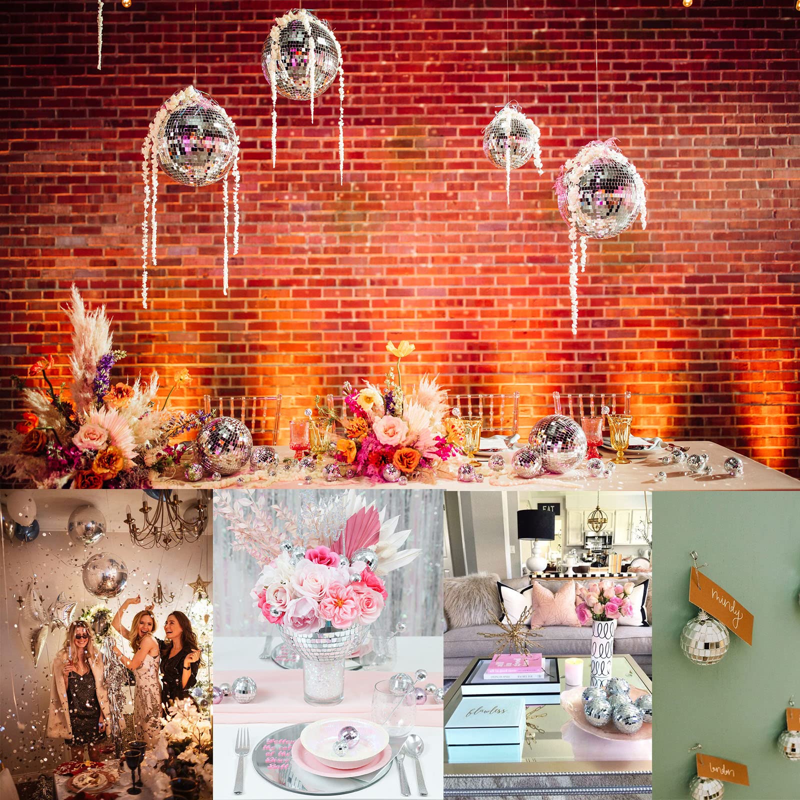 Newmemo hanging disco ball decor elevates tables and ceilings with retro flair.