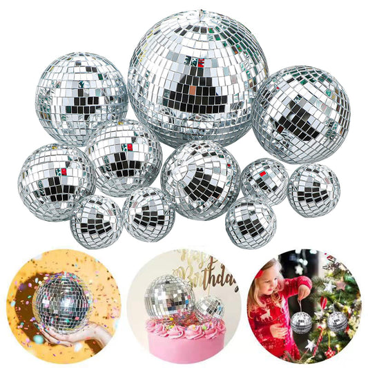 Newmemo 8cm disco ball cake topper reflecting vibrant party lights for a dazzling centerpiece.