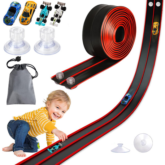 Newmkr 15 ft flex track extended for dynamic car races on any surface.