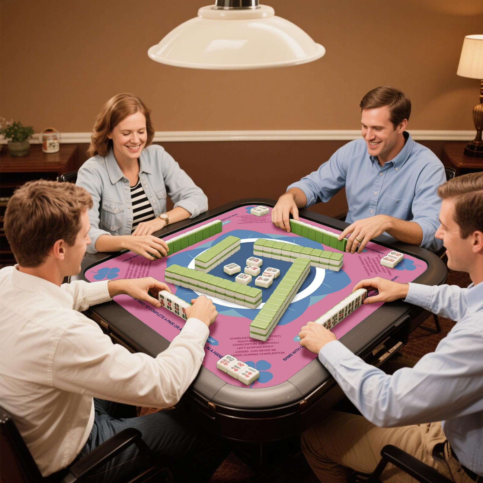 Newoh Mahjong Mat used for mahjong, poker, and dominoes in a multi game setup