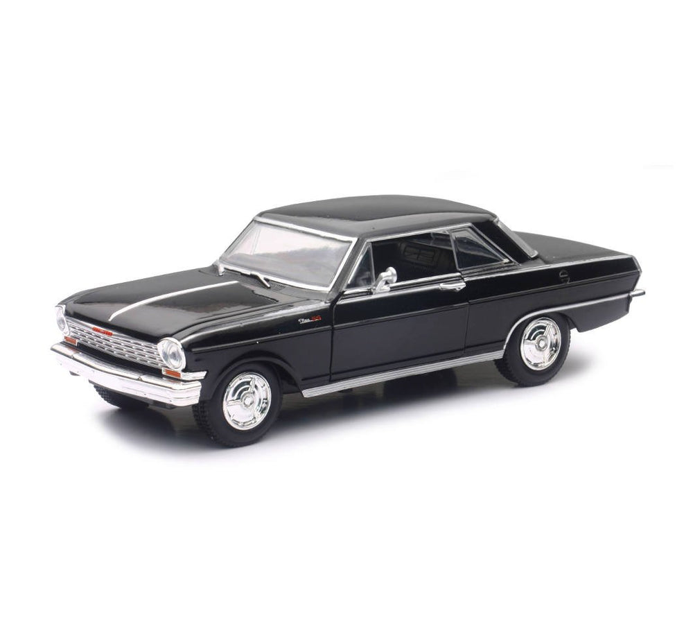 NewRay 1964 Chevrolet Nova SS black diecast model with detailed interior, ideal for display.