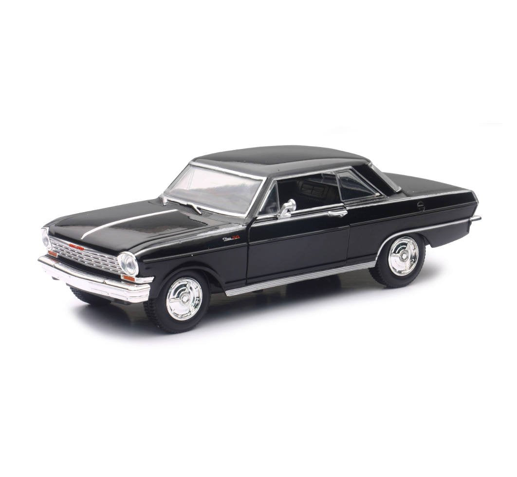 NewRay 1964 Chevrolet Nova SS black diecast model with detailed interior, ideal for display.