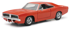 NewRay 1969 Dodge Charger R/T hood open, reveals engine bay and striking profile for display