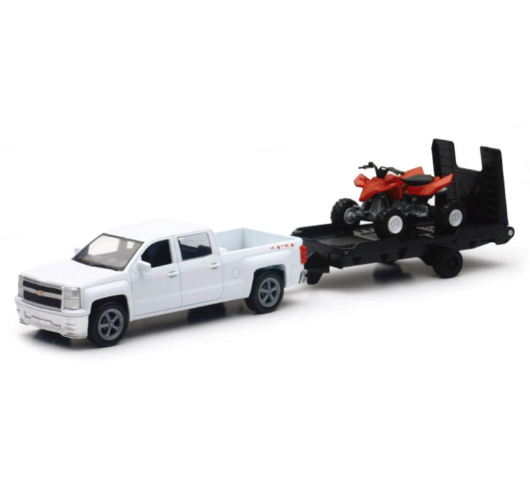 NewRay Chevy Silverado 1:43 die-cast truck with trailer and dirt bike for display