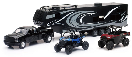 NewRay die-cast pickup with toy hauler and blue RZR ready for action-packed play.