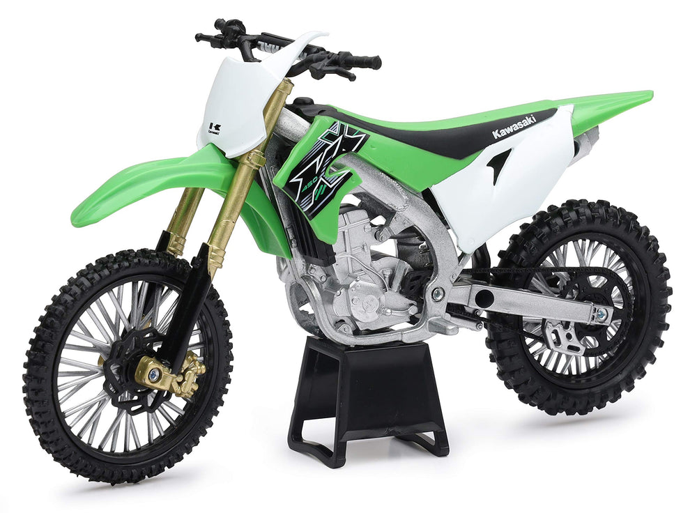 This full-view image shows the NewRay Kawasaki KX 450F 1/12 diecast ready for display and collection.