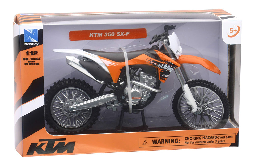 NewRay KTM 350SX-F die-cast dirt bike model shows authentic decals for collectors and enthusiasts.