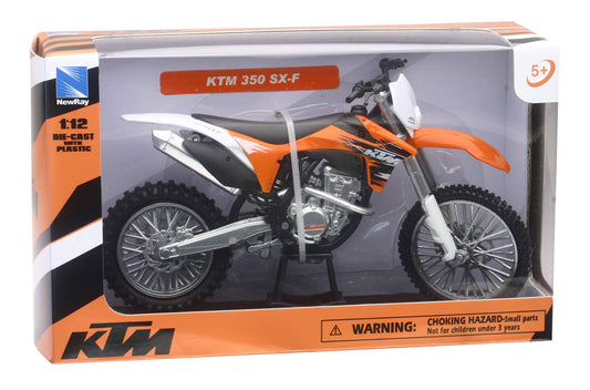 NewRay KTM 350SX-F die-cast dirt bike model shows authentic decals for collectors and enthusiasts.