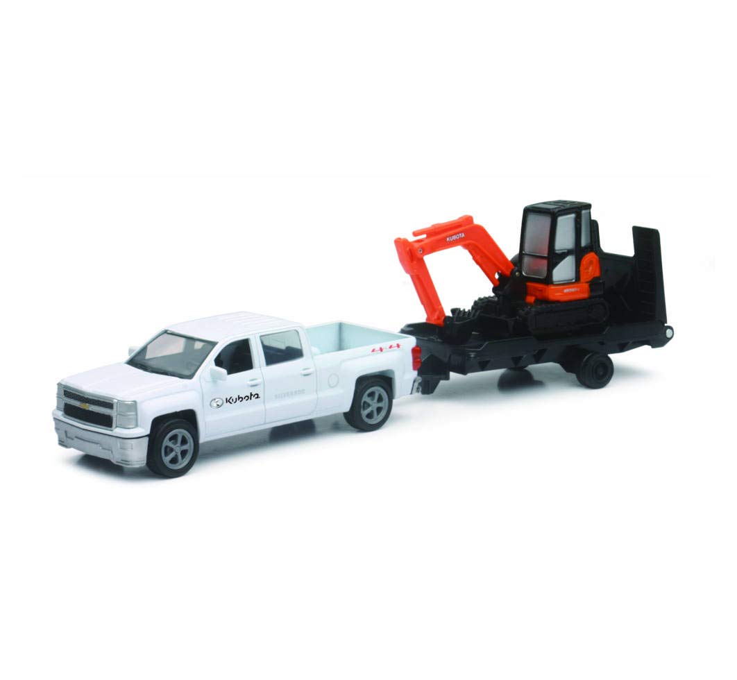 NewRay Kubota KX040 excavator with pickup and trailer promotes durable, imaginative play.