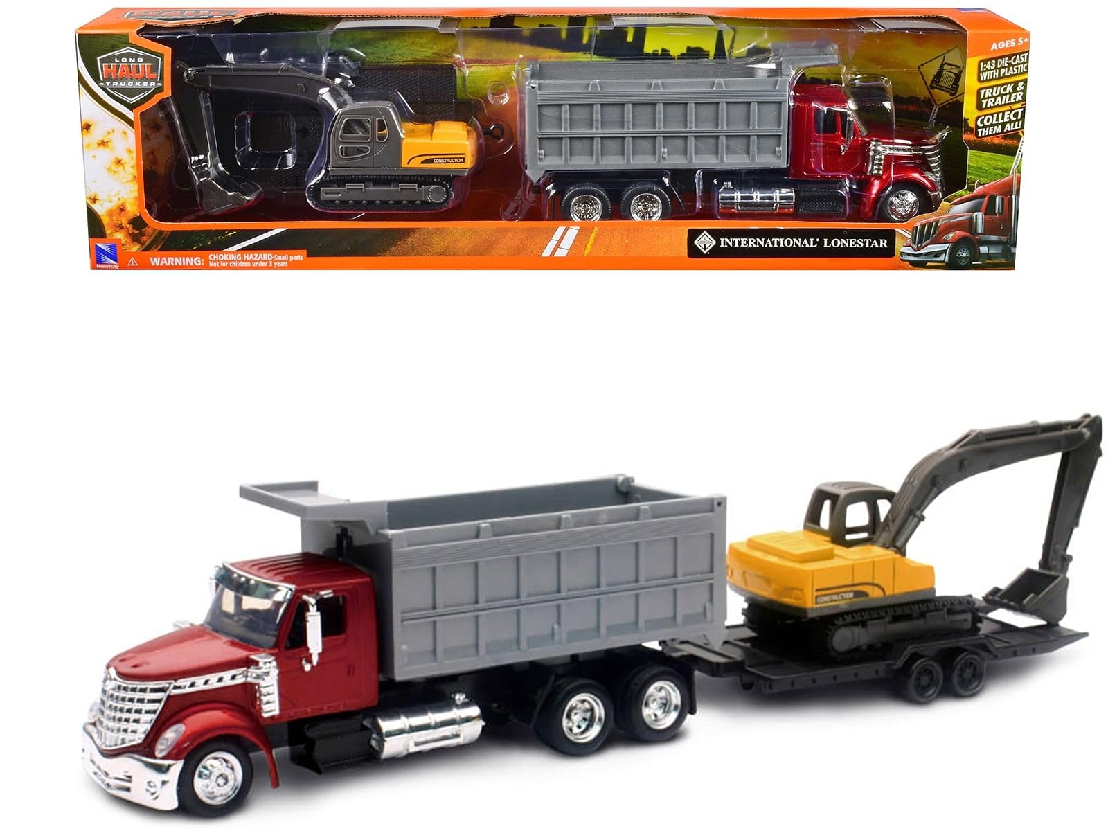 New Ray Lonestar dump truck with excavator - durable die-cast model for imaginative construction play.