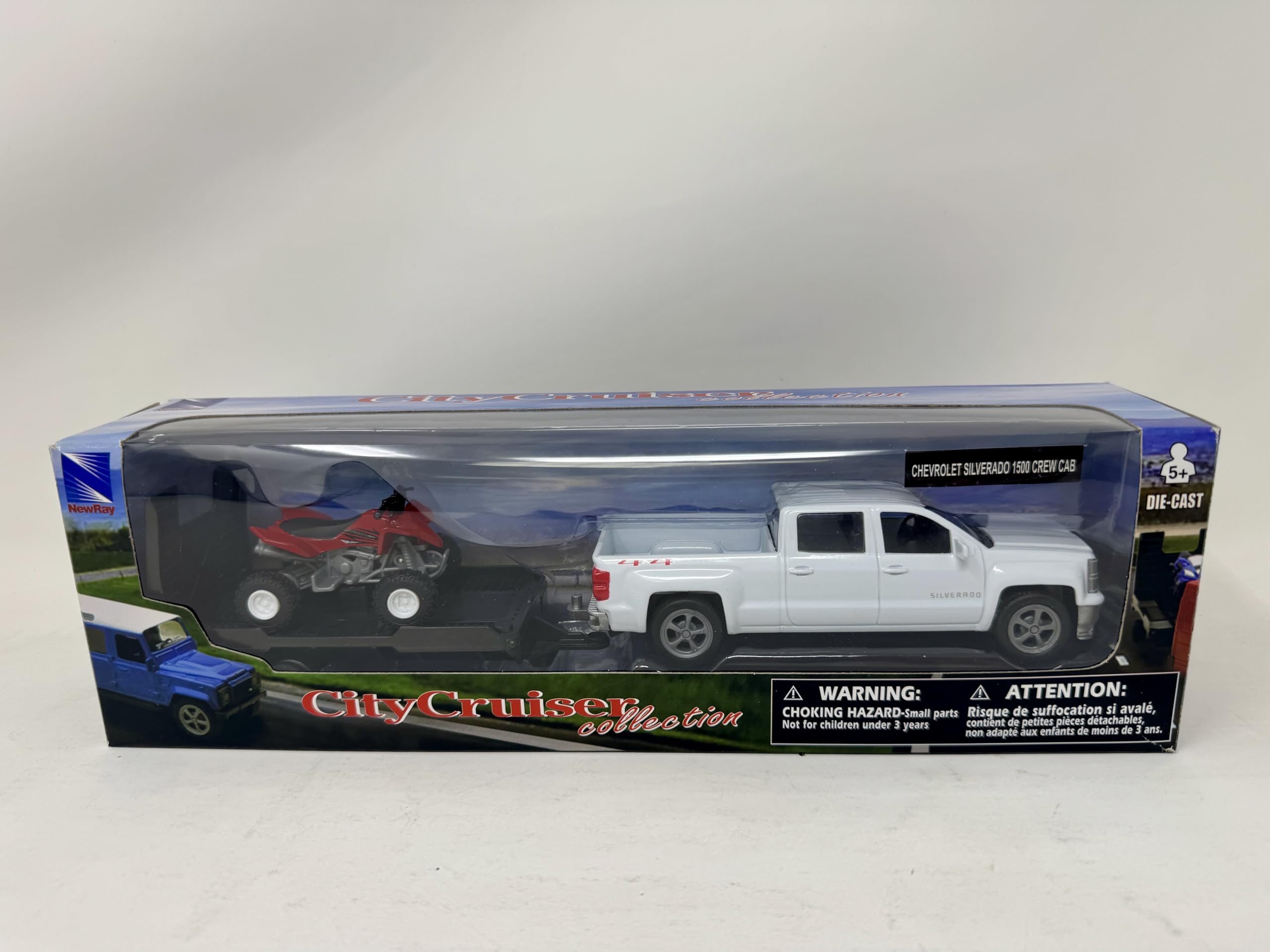 NewRay licensed Chevy Silverado with trailer supports shelf appeal and gifting
