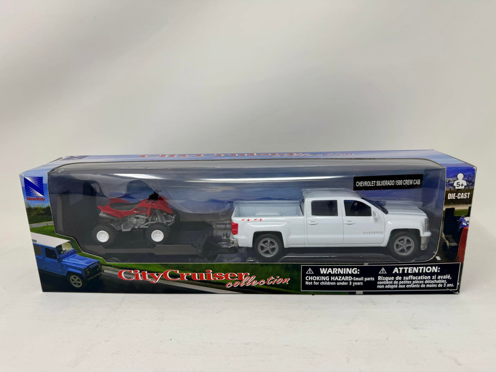 NewRay licensed Chevy Silverado with trailer supports shelf appeal and gifting