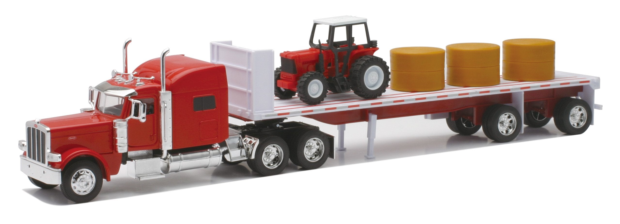 New Ray Peterbilt 389 flatbed with red farm tractor and hay bales for collectors display