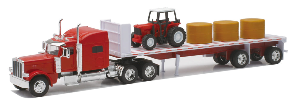 New Ray Peterbilt 389 flatbed with red farm tractor and hay bales for collectors display