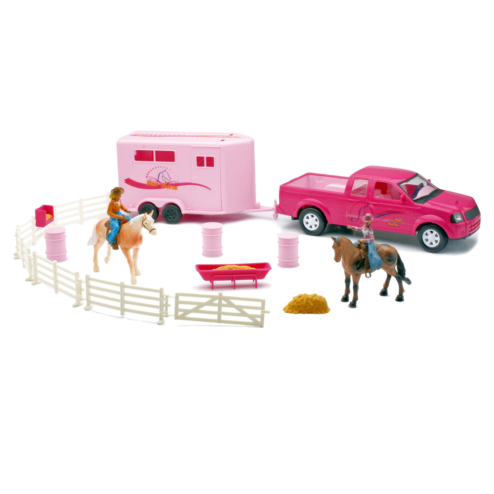 NewRay pink pickup truck and trailer with horses for imaginative play