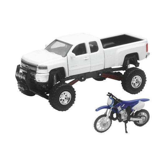 NewRay truck and dirt bike set: white Chevy with YZ125 for display and imaginative play