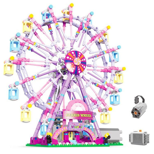 Newrice rotating ferris wheel assembly showcases colorful gondolas for creative play.