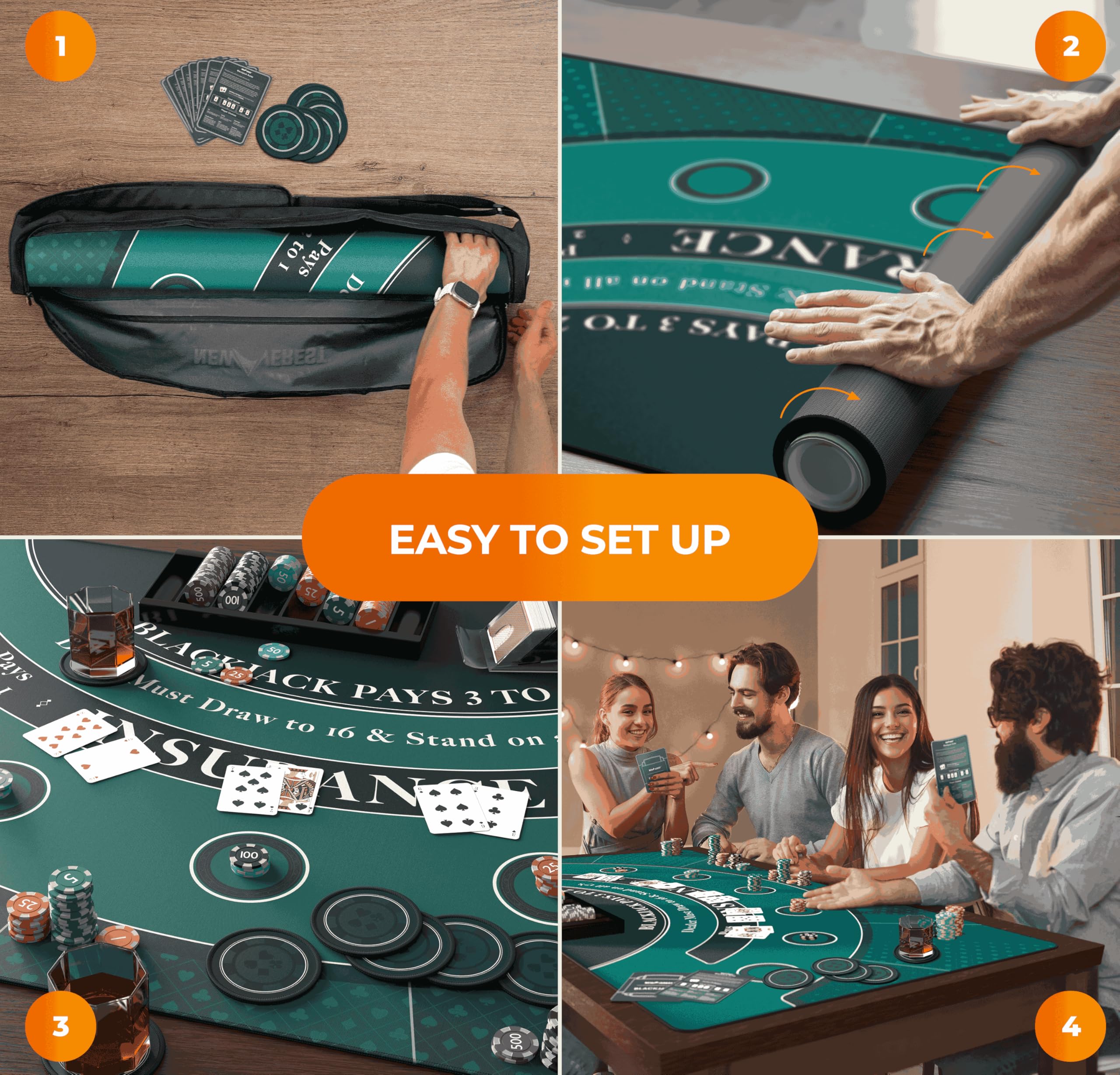 Newverest blackjack mat showing eight coasters protecting the surface