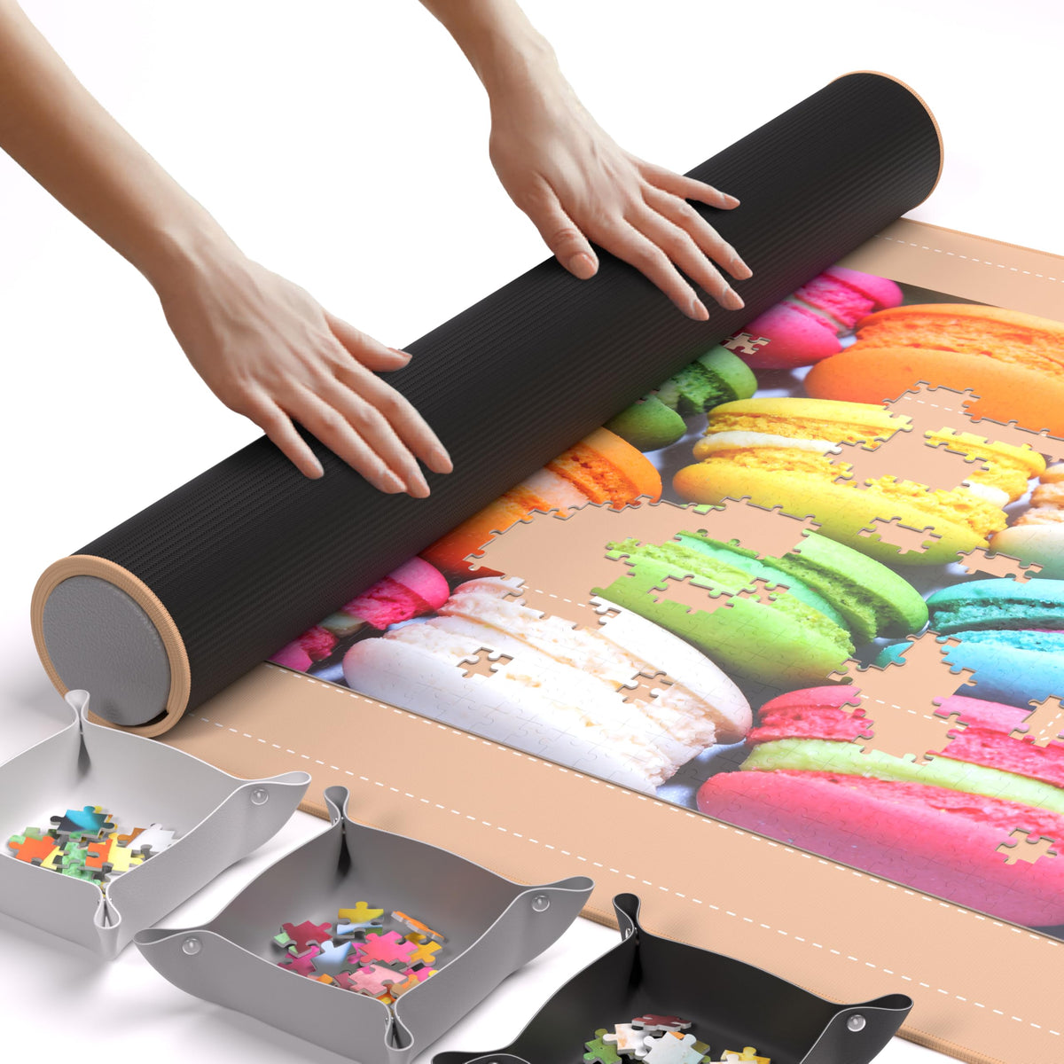 Newverest puzzle mat roll-up with rose gold finish keeps puzzles flat during setup.