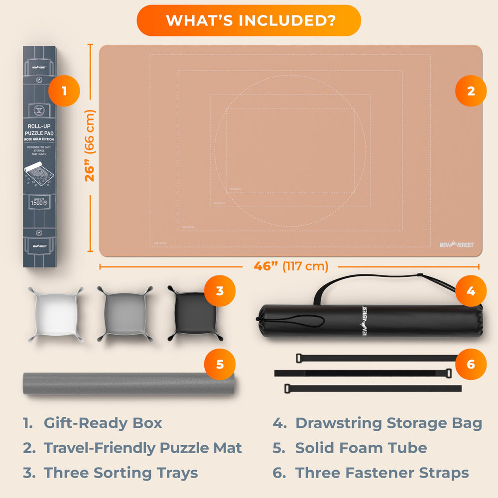 Newverest rose-gold puzzle mat bundles neatly for travel and quick cleanup.