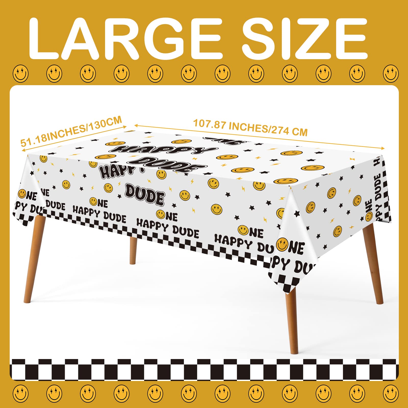 Newwiee One Happy Dude tablecloth with black background for bold decor.
