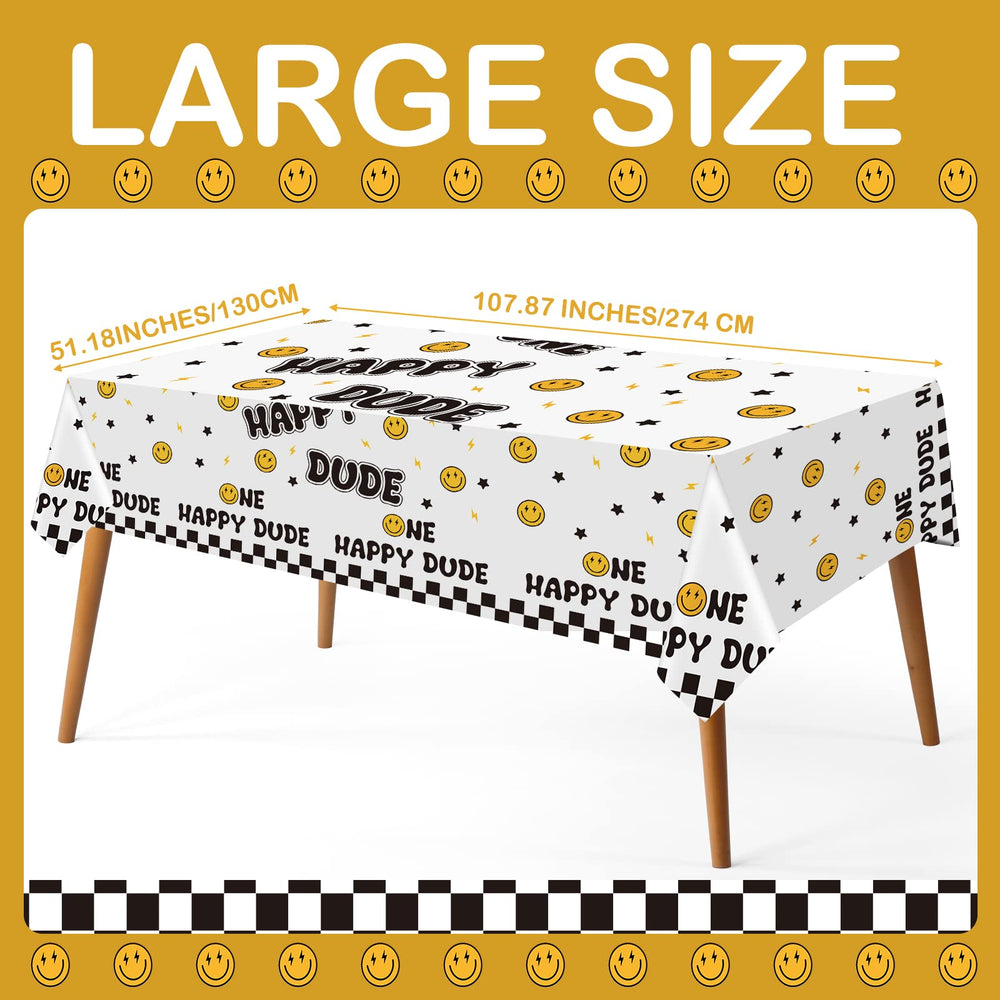 Newwiee One Happy Dude tablecloth with black background for bold decor.