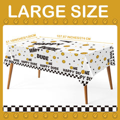 Newwiee One Happy Dude tablecloth with black background for bold decor.