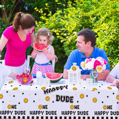 Newwiee One Happy Dude tablecloth with orange background brightens celebrations.
