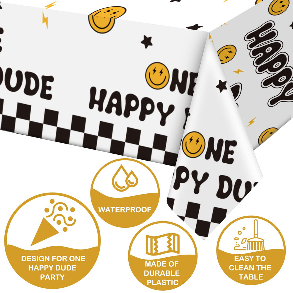 Newwiee One Happy Dude tablecloth with smile faces for cheerful vibes.